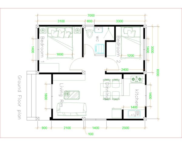 House Design 6x7 With 2 Bedrooms - House Plans 3D