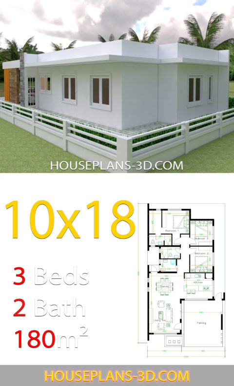 House Design 10x18 with 3 Bedrooms terrace roof - House Plans 3D