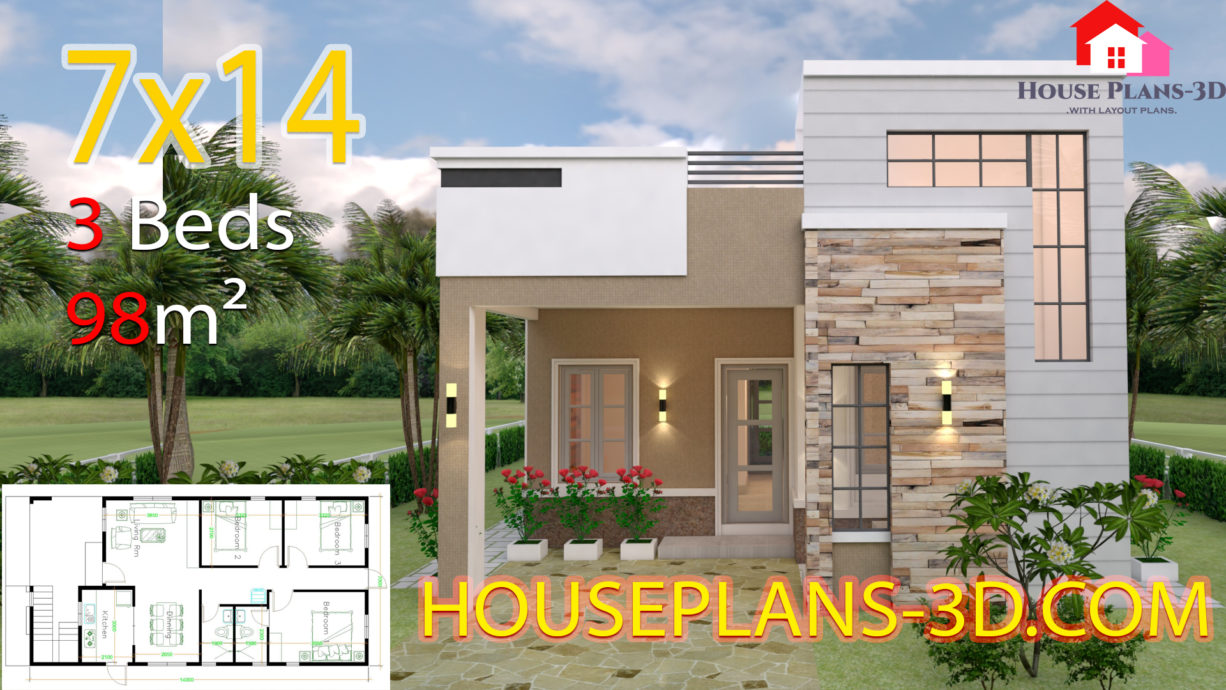 House Plans Design 7x6 with 2 Bedrooms Gable Roof - House Plans 3D