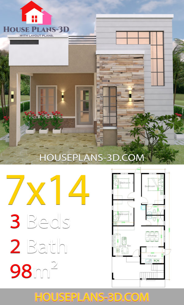 House Design 7x14 with 3 Bedrooms Terrace Roof - House Plans 3D