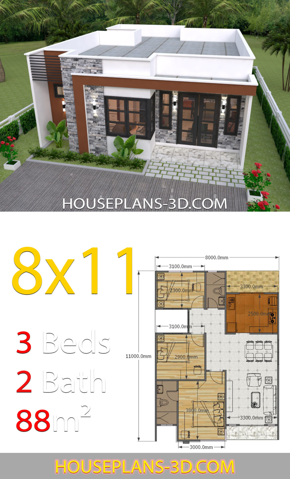 House Design 8x11 With 3 Bedrooms Full Plans - House Plans 3d