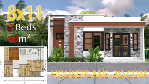 House Design 8x11 with 3 Bedrooms Full Plans