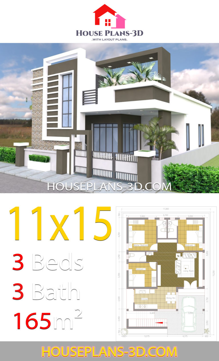 House design 11x15 with 3 bedrooms Terrace roof - House Plans 3D