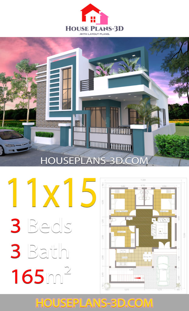 House design 11x15 with 3 bedrooms Terrace roof - House Plans 3D