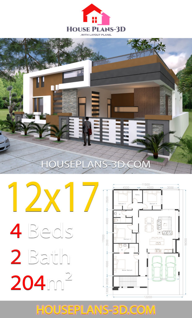 House design 12x17 with 4 bedrooms Terrace roof - House Plans 3D