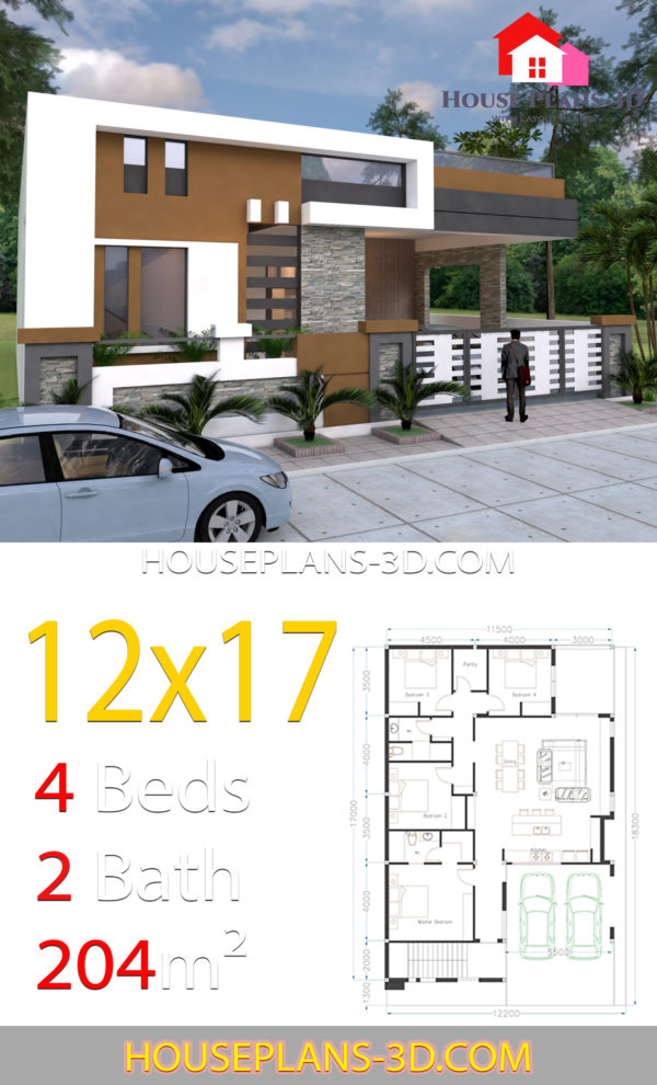 House design 12x17 with 4 bedrooms Terrace roof - House Plans 3D