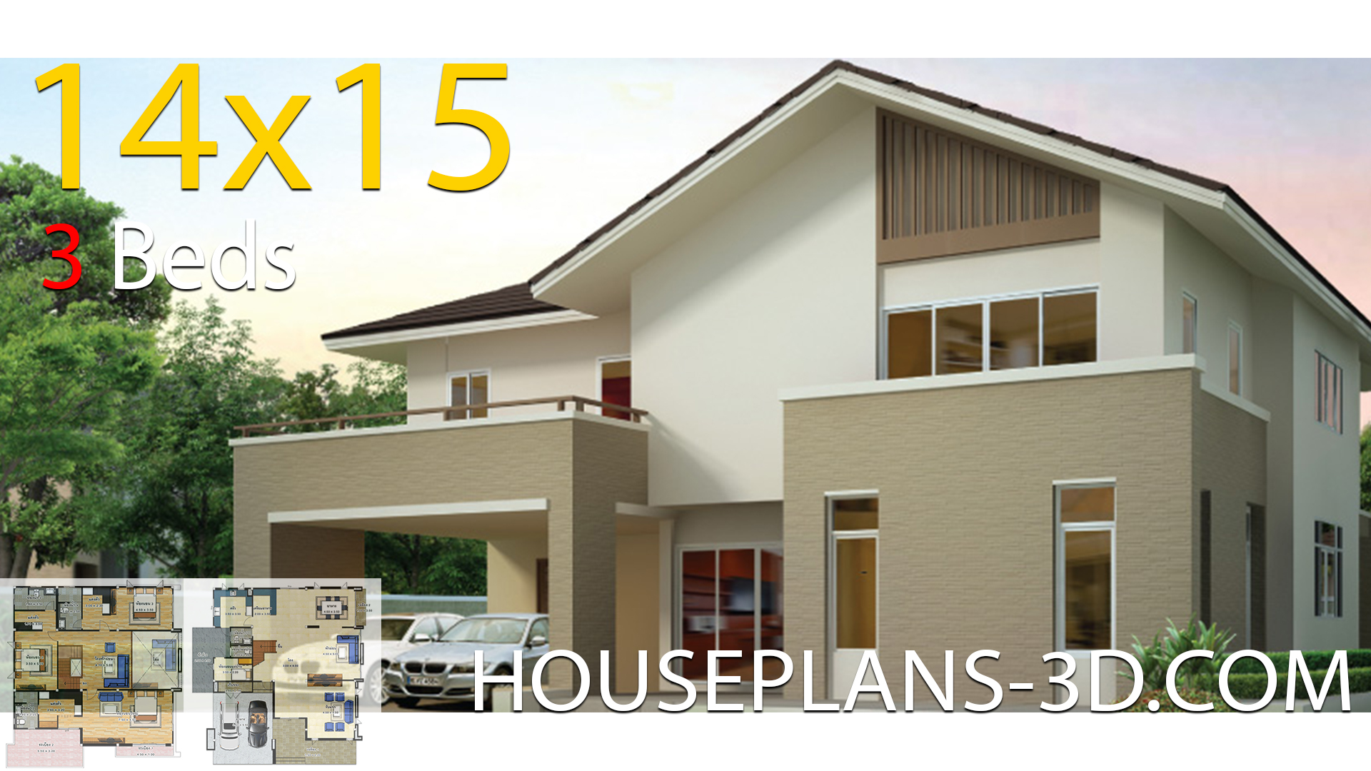 House design 14×15 with 3 bedrooms
