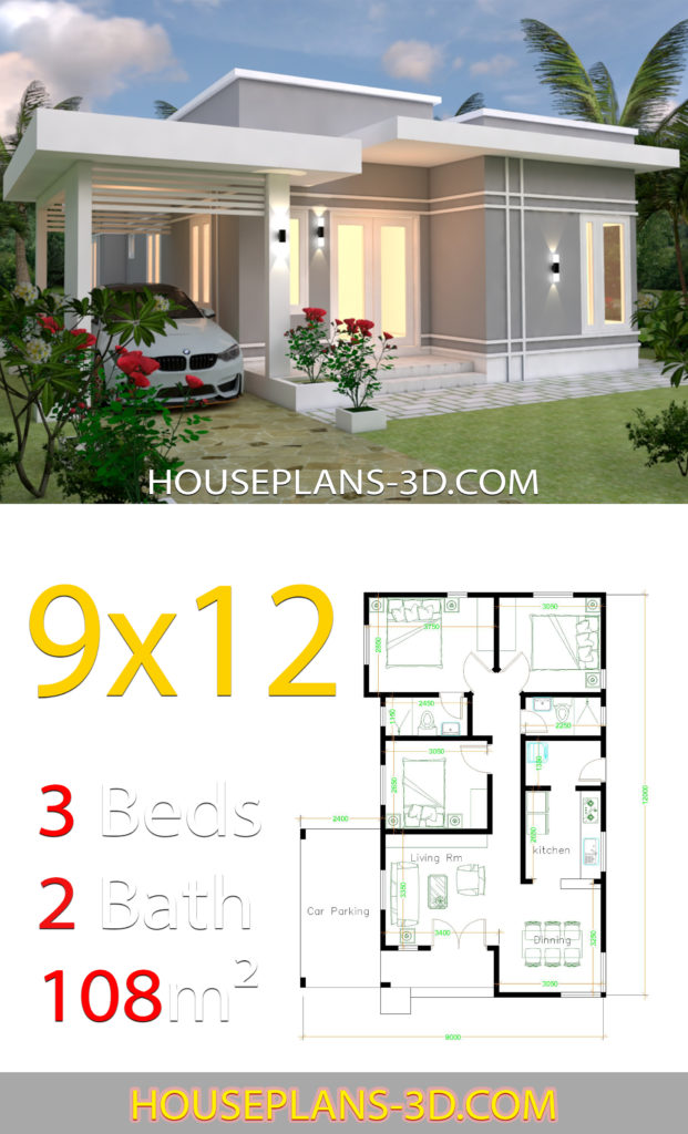 House design Plans 9x12 with 3 Bedrooms terrace roof - House Plans 3D