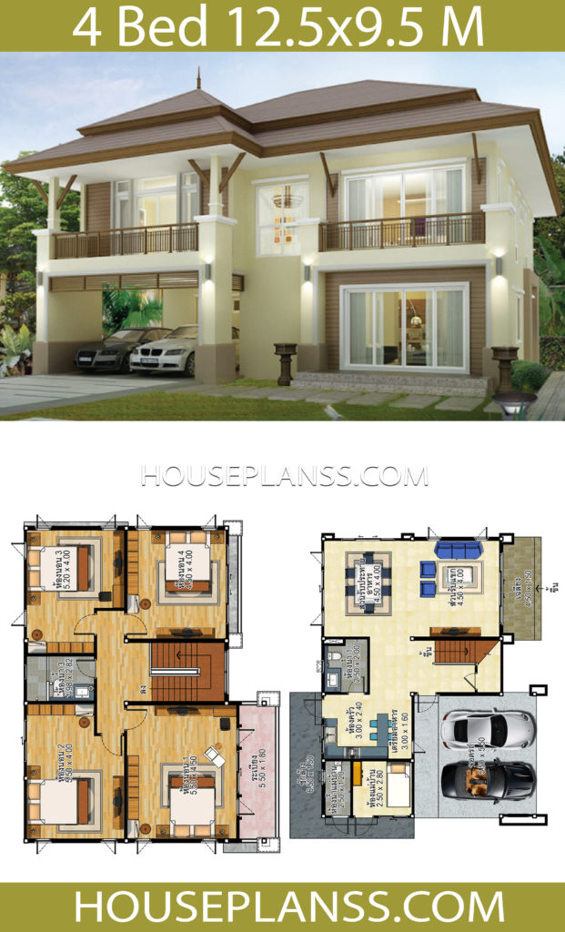 House design idea 12.5x9.5 with 4 bedrooms - House Plans 3D