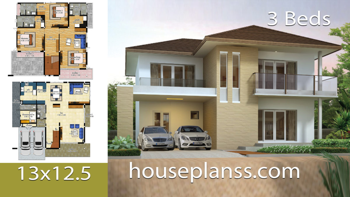 House design idea 13x12.5 with 3 bedrooms - House Plans 3D