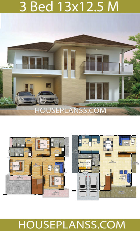 House design idea 13x12.5 with 3 bedrooms - House Plans 3D