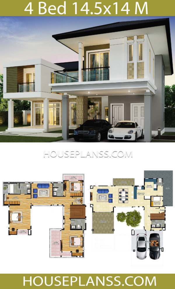 House design idea 14.5x14 with 4 bedrooms - House Plans 3D