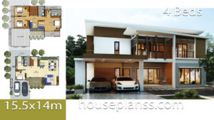 House design idea 15.5x14 with 4 bedrooms - House Plans 3D