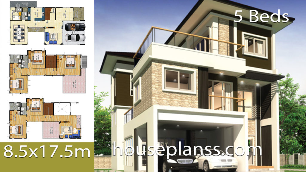 House design idea 8.5x17.5 with 5 bedrooms - House Plans 3D