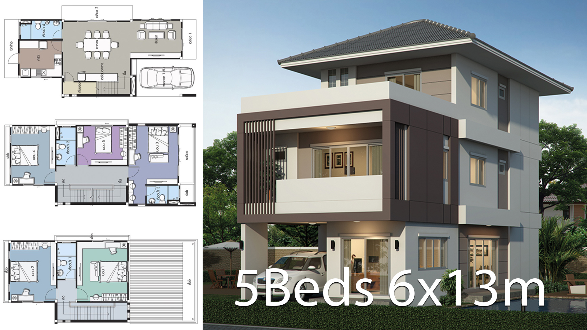 House design plan 6x13m with 5 bedrooms