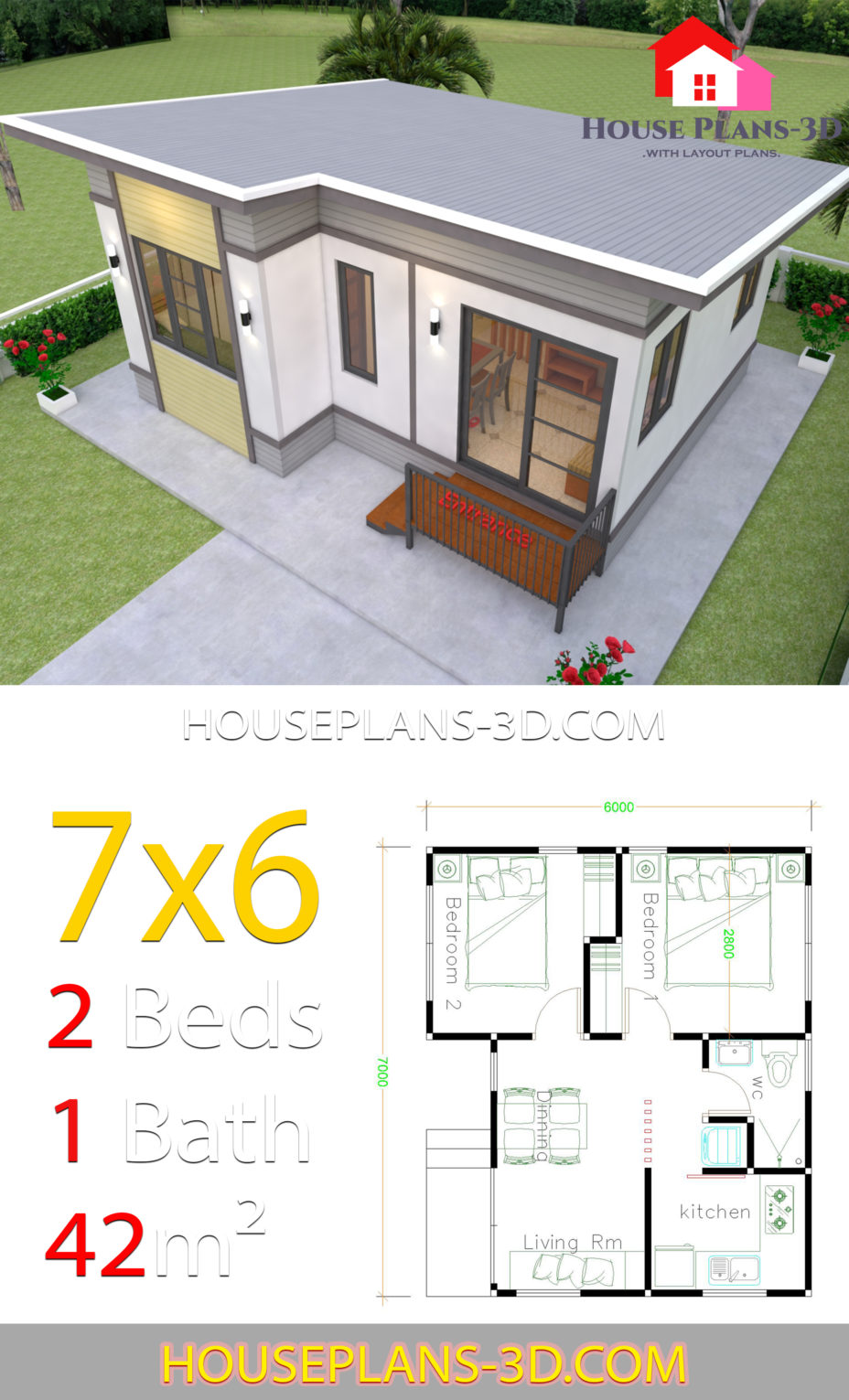 Small House Plans 7x6 With 2 Bedrooms - House Plans 3d