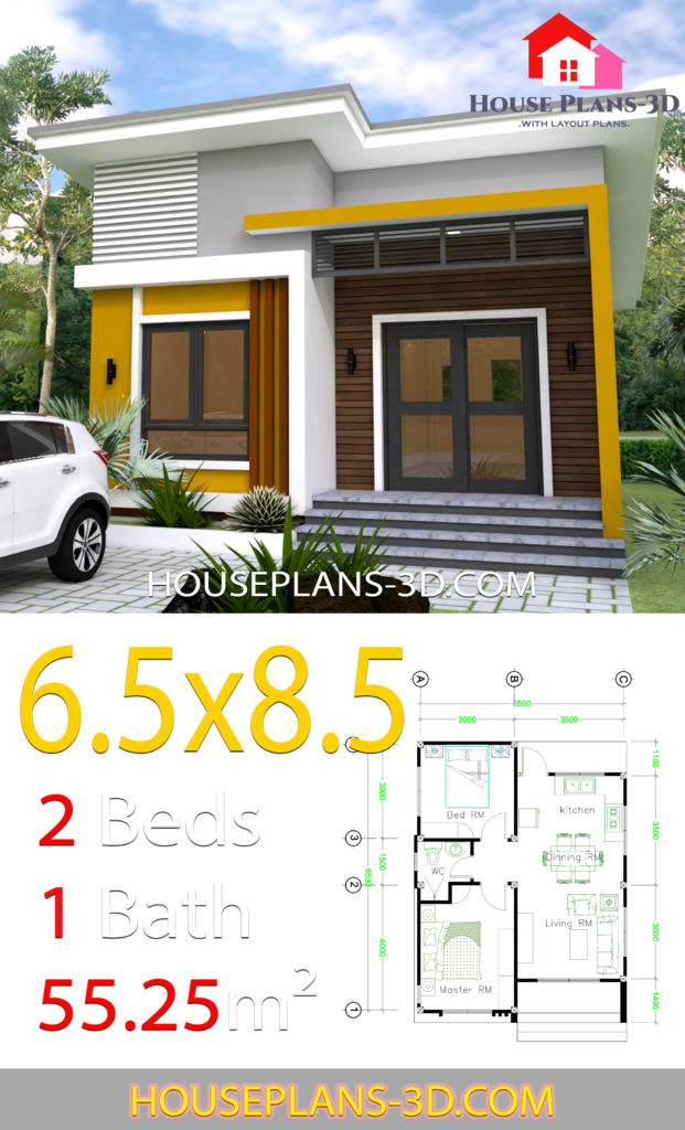 Small House Design 6.5x8.5 With 2 Bedrooms - House Plans 3D