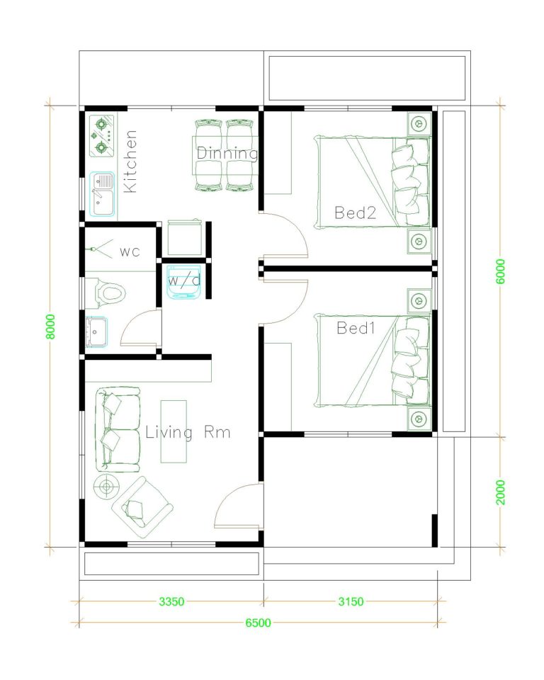 House Design Plans 6.5x8 with 2 Bedrooms Shed Roof - House Plans 3D