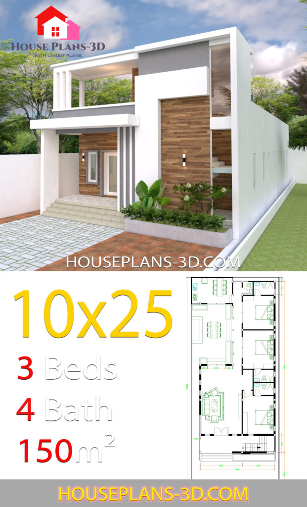 House Design Plans 10x25 with 3 bedrooms - House Plans 3D