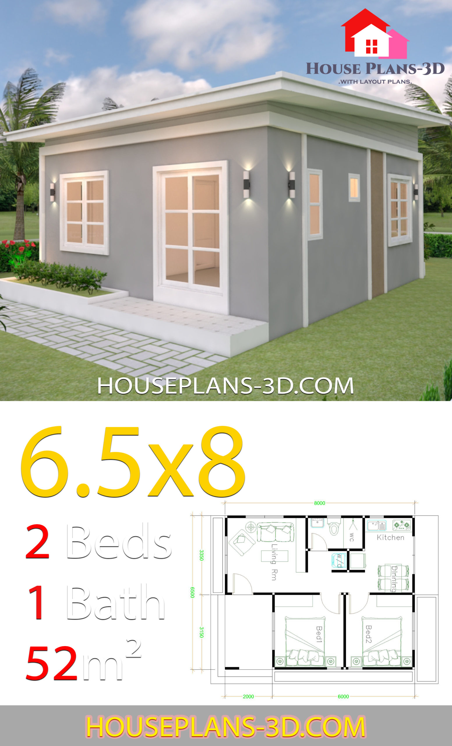House Design Plans 6.5x8 with 2 Bedrooms Shed Roof - House 