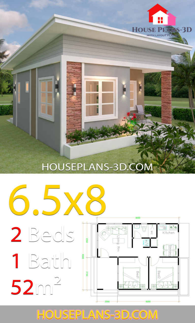 House Design Plans 6.5x8 with 2 Bedrooms Shed Roof - House Plans 3D