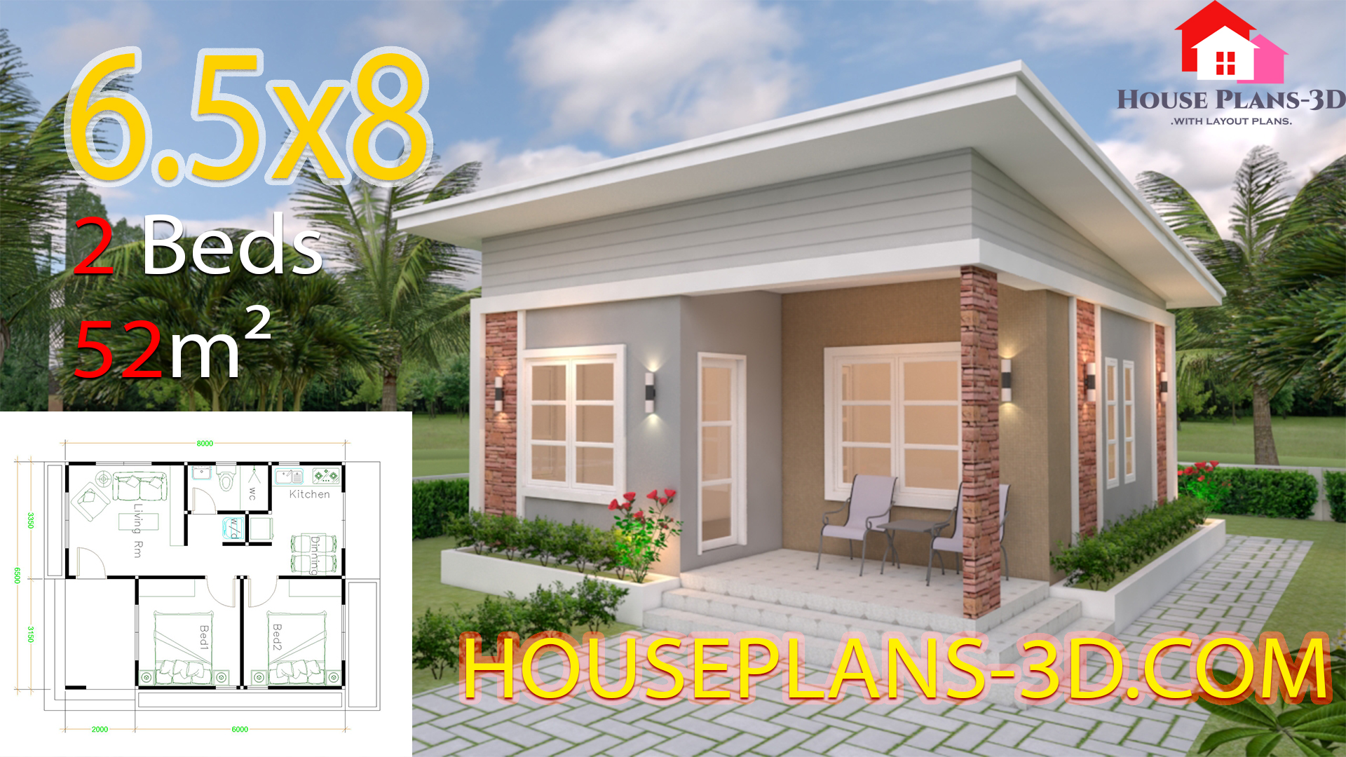 House Design Plans 6.5x8 with 2 Bedrooms Shed Roof - House 