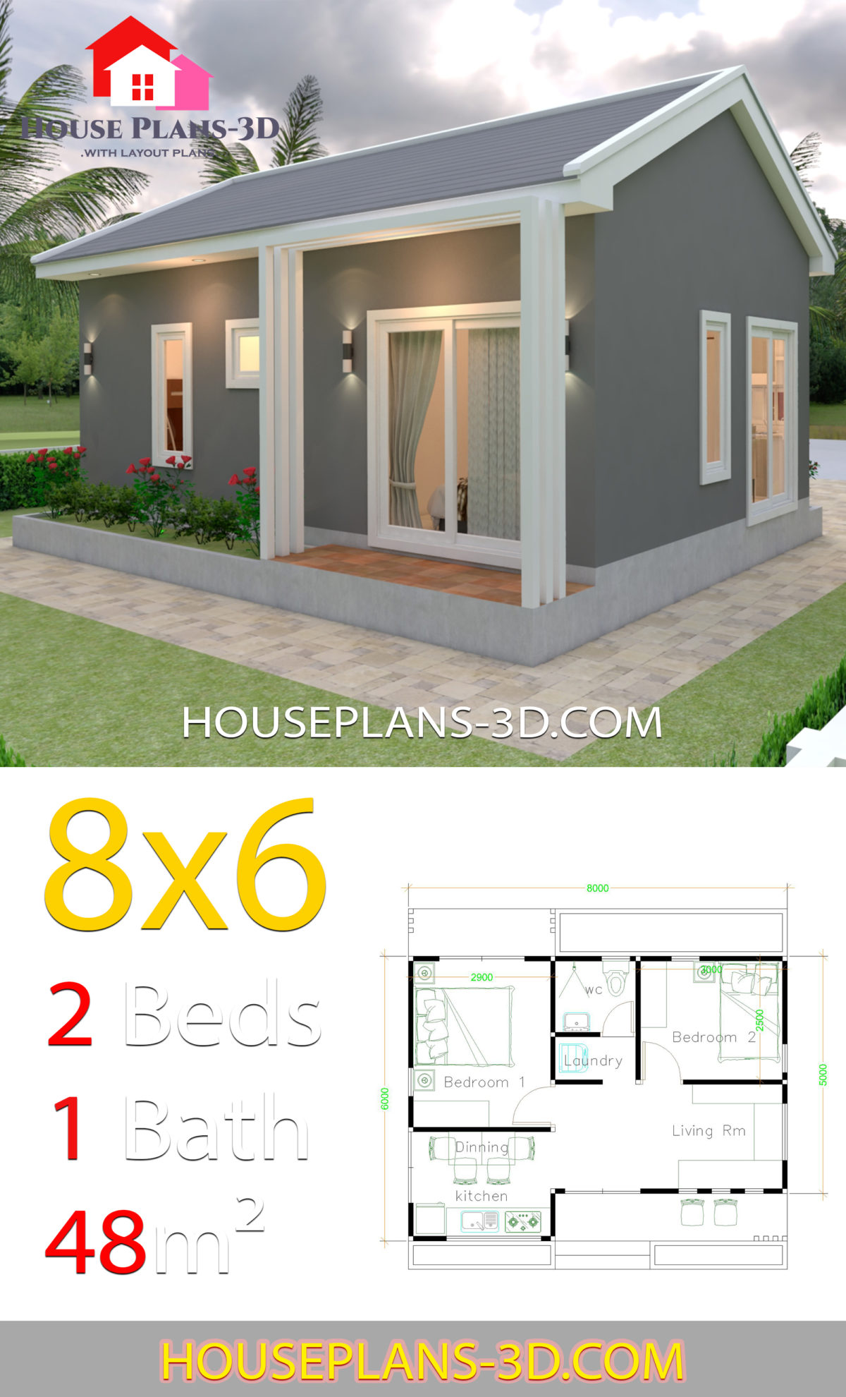 House Design Plans 8x6 With 2 Bedrooms - House Plans 3d