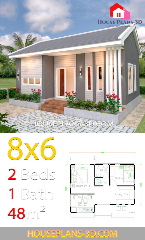 House Design Plans 8x6 with 2 Bedrooms - House Plans 3D