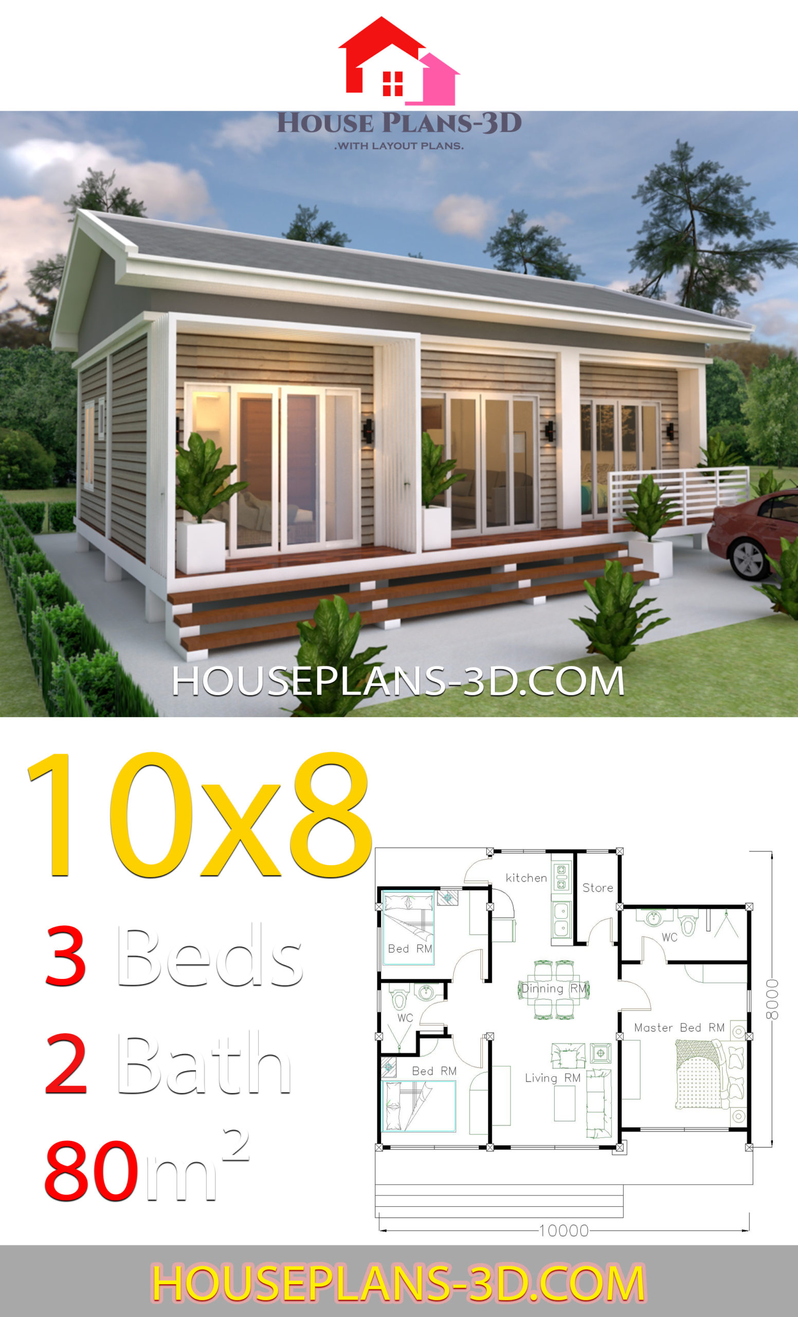 10X8 Bathroom Designs House Plans 10x8 with 3 Bedrooms Gable Roof House Plans 3D