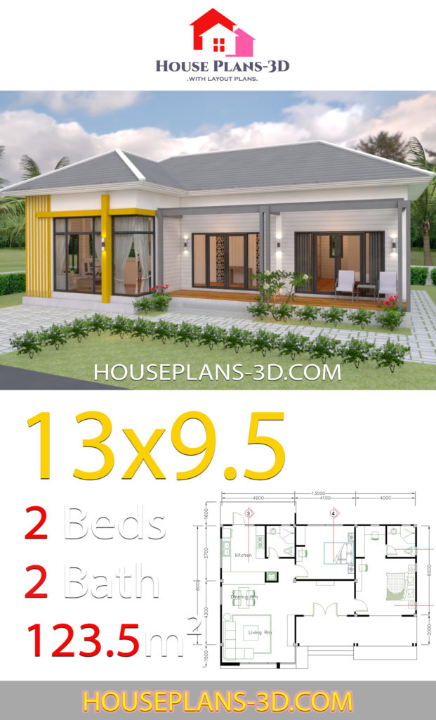 House Plans 13x9.5 with 2 Bedrooms Hip roof - House Plans 3D