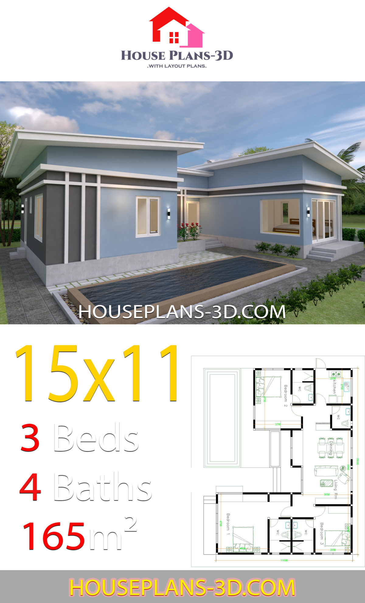 House Plans 15x11 with 3 Bedrooms Slope roof - House Plans 3D