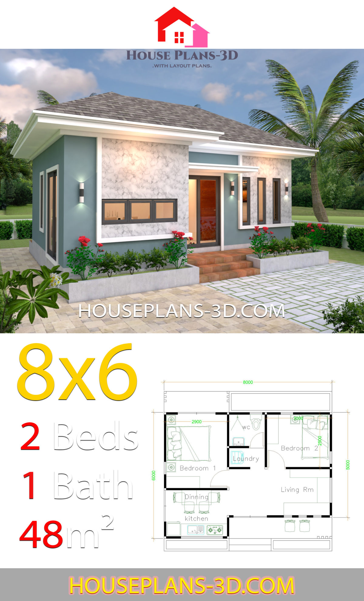 House Plans 3d 8x6 with 2 Bedrooms Hip roof - House Plans 3D