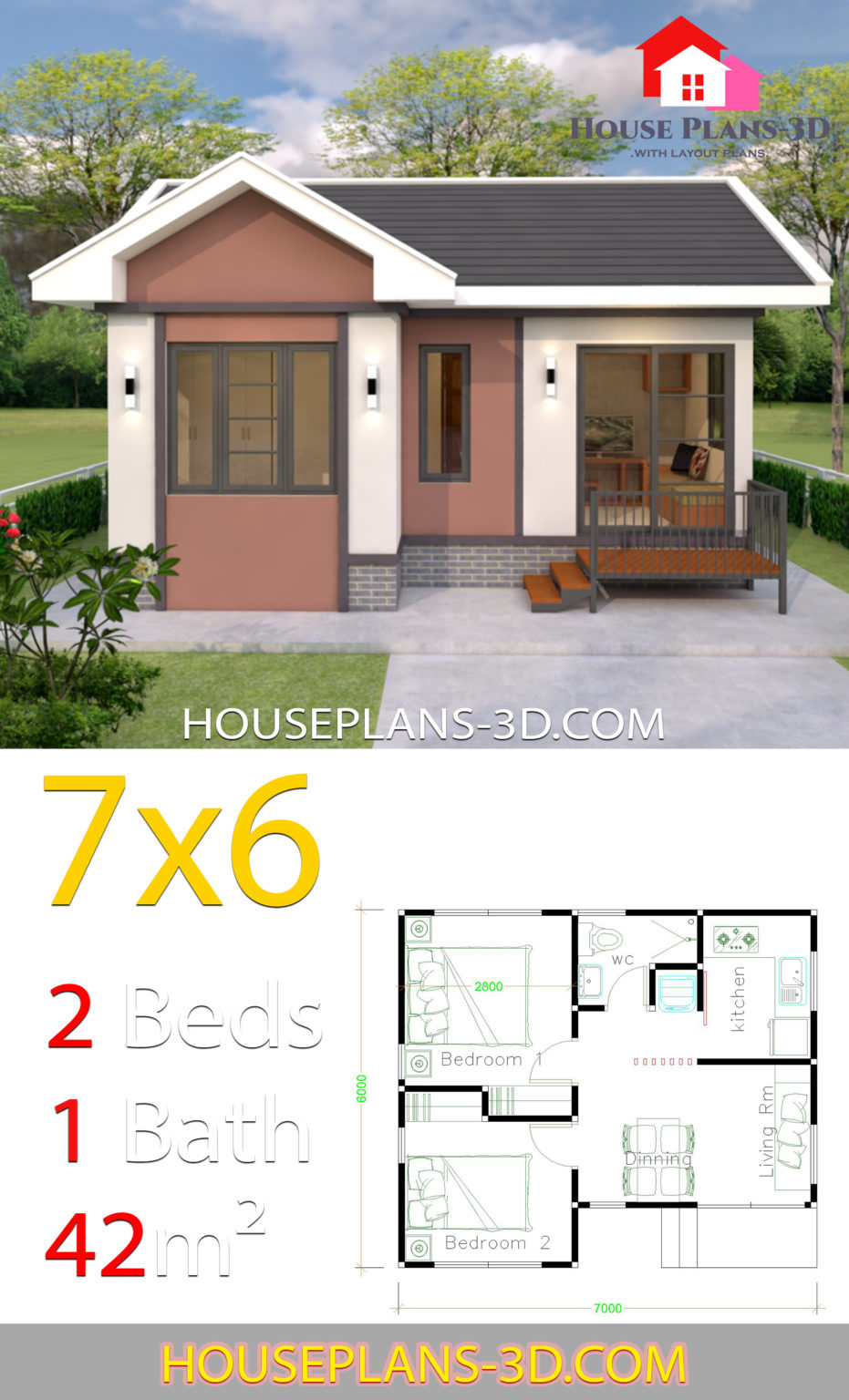 House Plans Design 7x6 with 2 Bedrooms Gable Roof - House Plans 3D