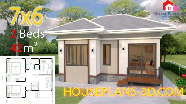 House Plans Design 7x6 with 2 Bedrooms Hip Roof