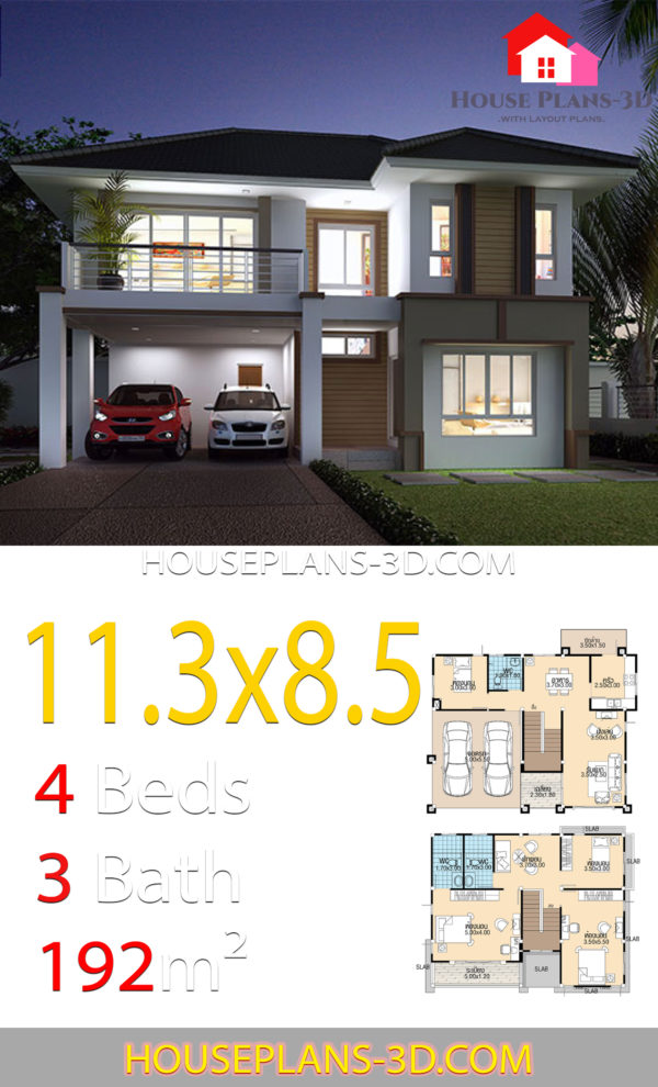 House design 11.3x8.5 with 4 Bedrooms - House Plans 3D