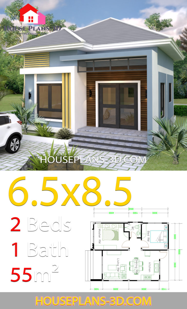 Small House Design 6.5x8.5 With 2 Bedrooms Hip roof - House Plans 3D