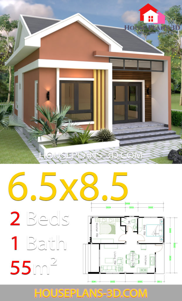 House Design 6.5x8.5 With 2 Bedrooms Shed Roof - House Plans 3d