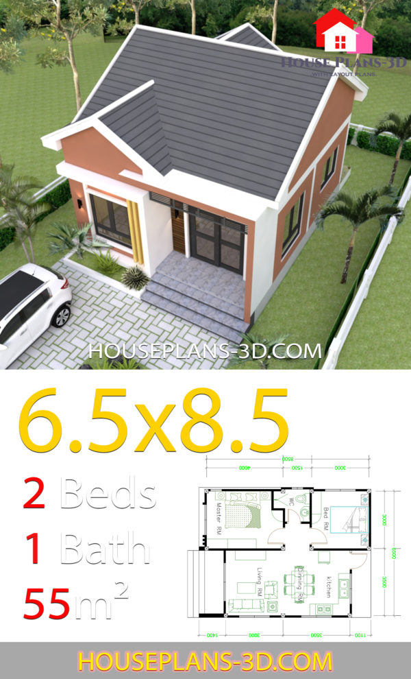 House Design 6.5x8.5 With 2 Bedrooms Shed roof - House Plans 3D