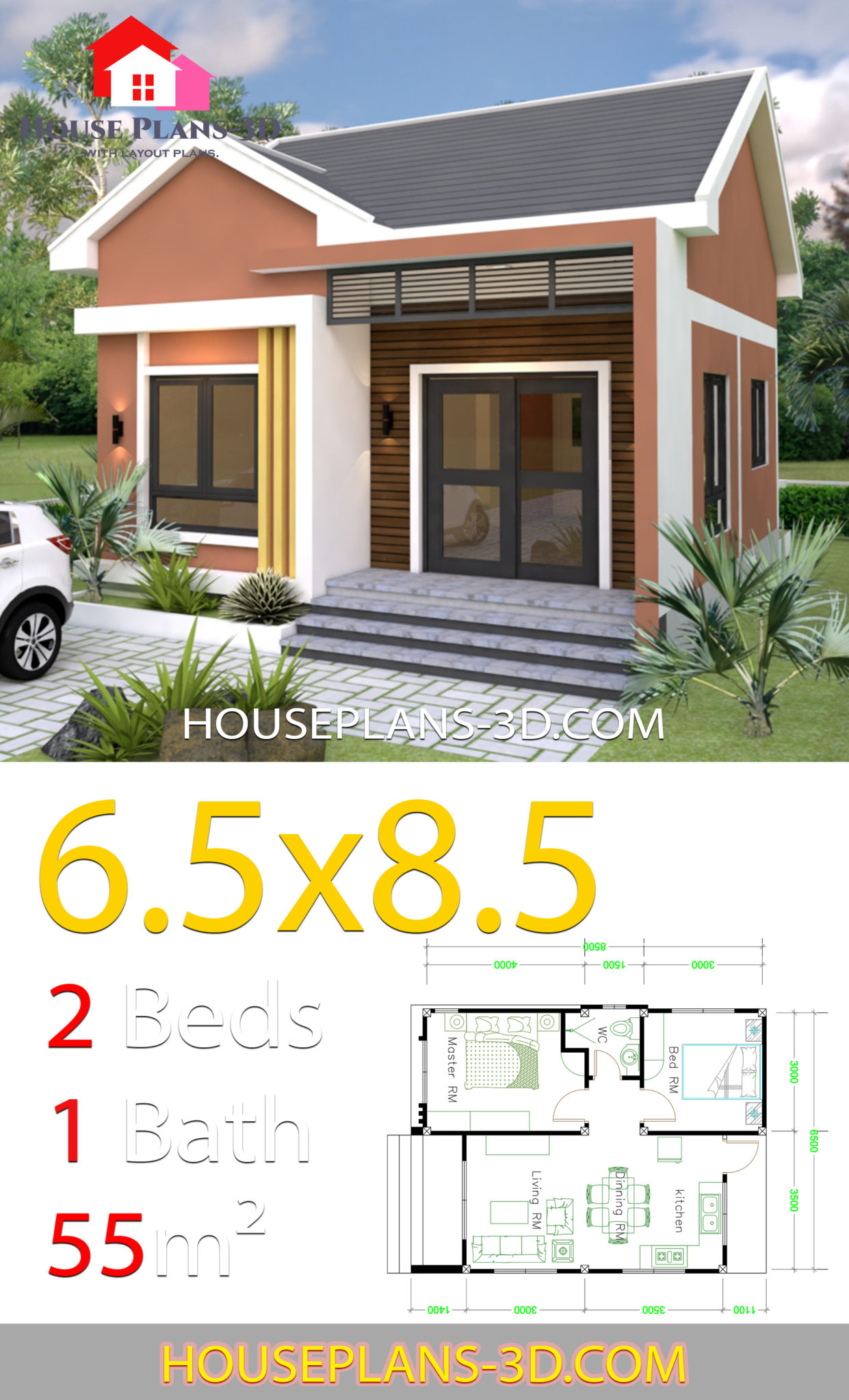 House Design 6.5x8.5 With 2 Bedrooms Shed roof - House Plans 3D