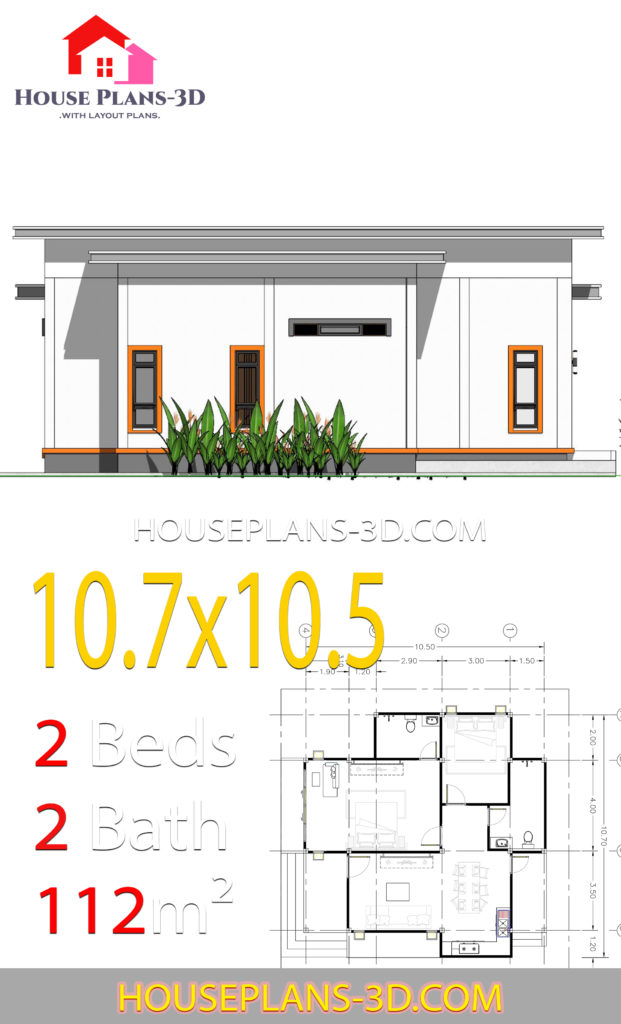 House Plans 10.7x10.5 with 2 Bedrooms Flat roof - House Plans 3D