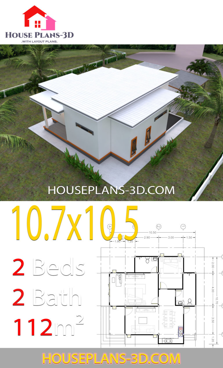 House Plans 10.7x10.5 with 2 Bedrooms Flat roof - House Plans 3D