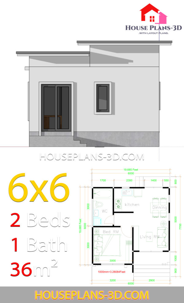 House Plans 6x6 with One Bedrooms Flat Roof - House Plans 3D