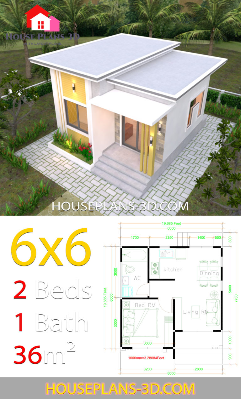 House Plans 6x6 with One Bedrooms Flat Roof - House Plans 3D