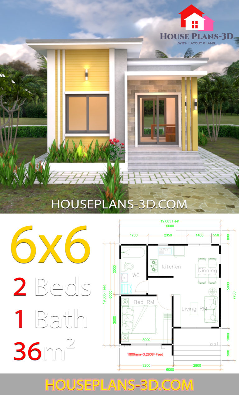 House Plans 6x6 with One Bedrooms Flat Roof - House Plans 3D