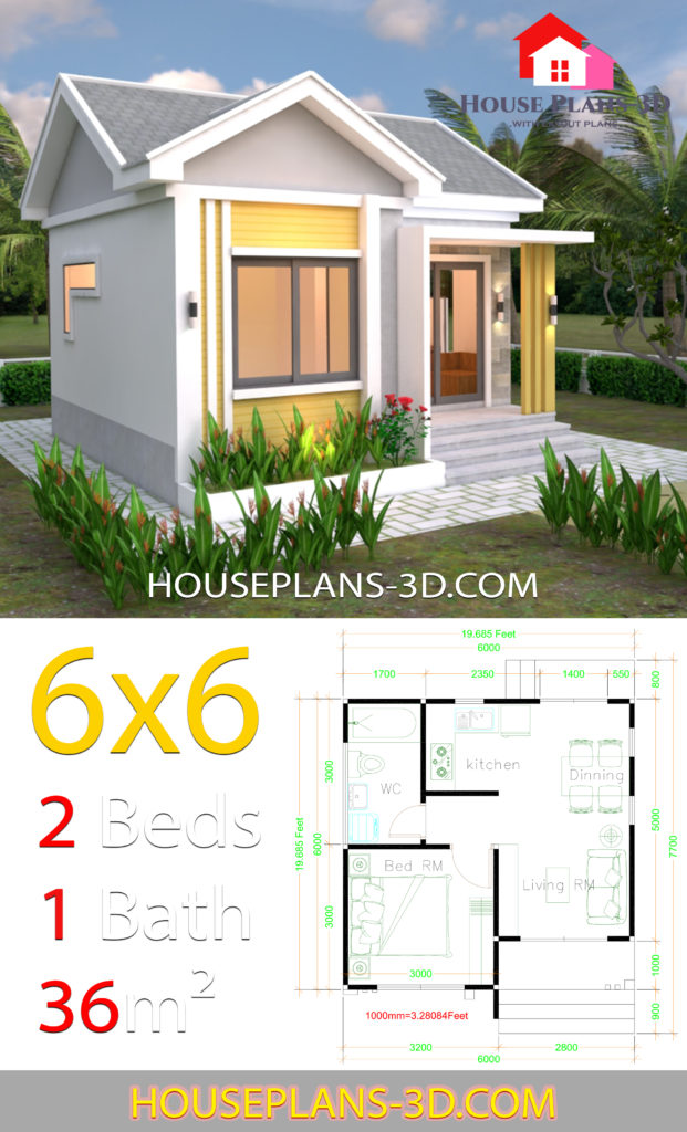 House Plans 6x6 with One Bedrooms Gable Roof - House Plans 3D