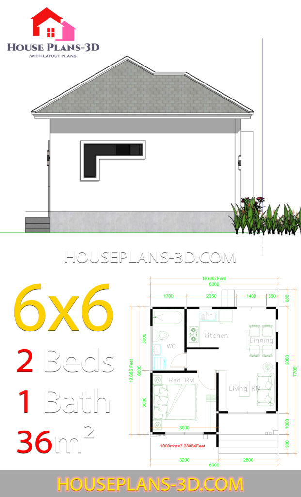 House Plans 6x6 with One Bedrooms Hip Roof - House Plans 3D