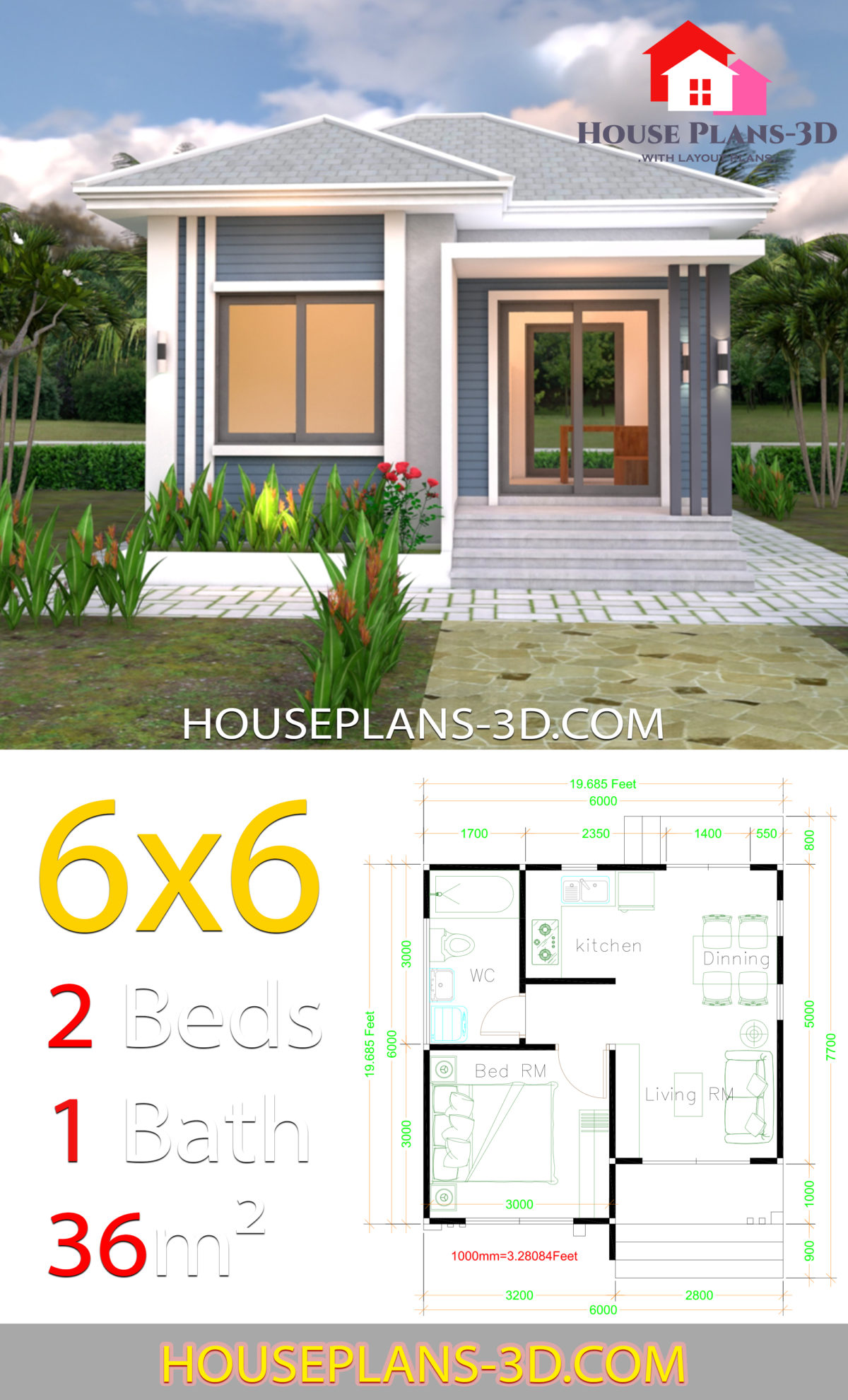 House Plans 6x6 With One Bedrooms Flat Roof - House Plans S E71