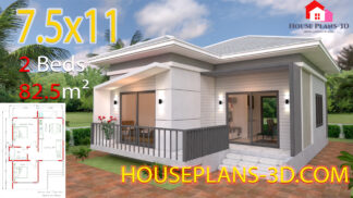 House Plans 7.5x11 with 2 Bedrooms Hip roof