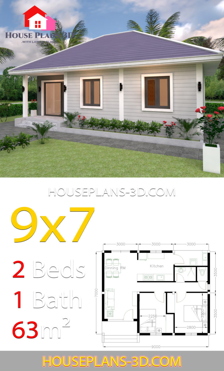 House Plans 9x7 with 2 Bedrooms Hip Roof - House Plans 3D