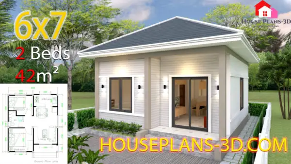 Simple House Plans 6x7 with 2 bedrooms Hip Roof